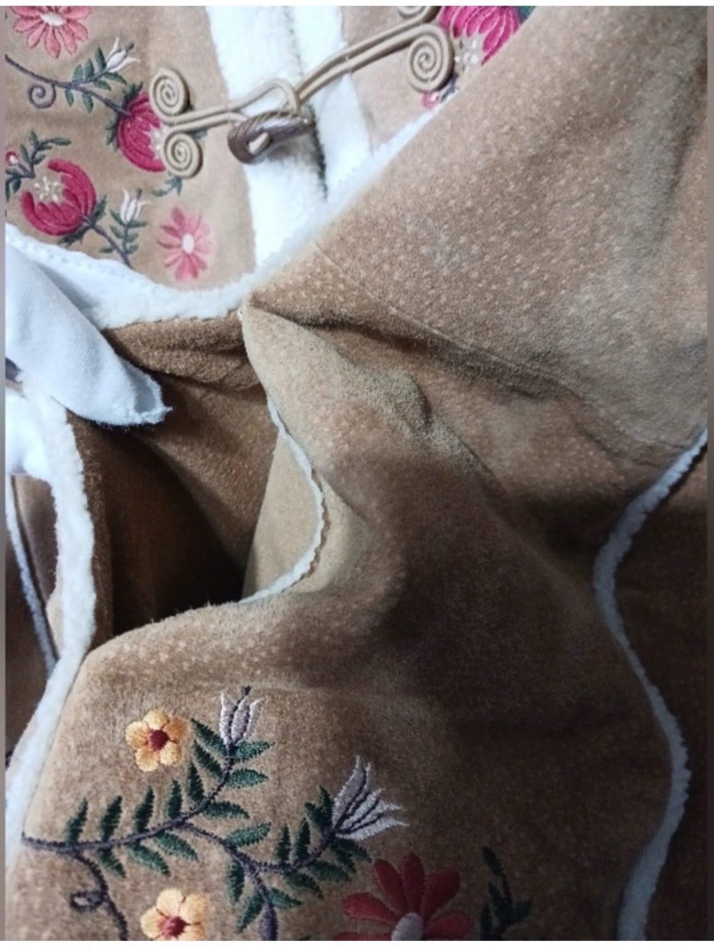 Phoebe Friends St. John’s Bay Suede Embroidered Floral Vintage Toggle Coat - Picture 9 of 16
